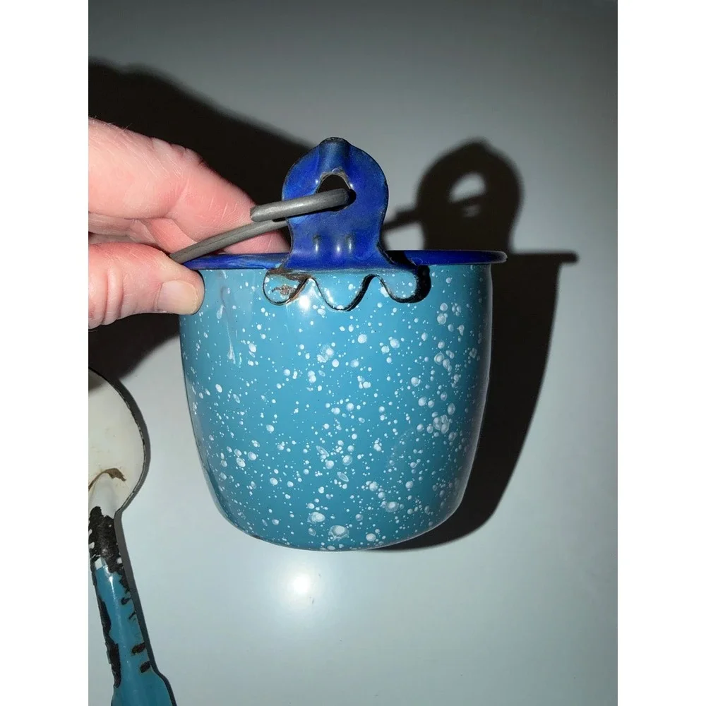 Vintage Blue Speckled Enamelware Small Bucket and Spoon Set Primitive Farmhouse